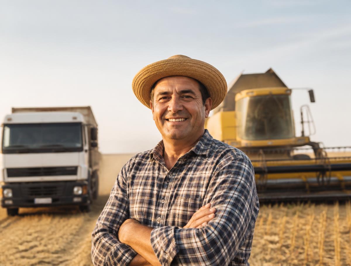 Produtor rural em frente a caminhão e colheitadeira
