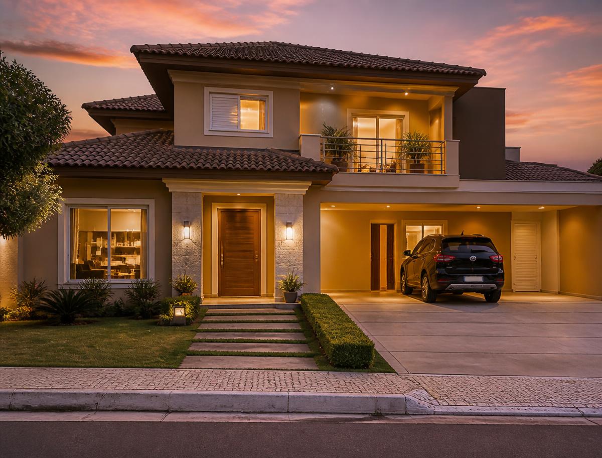 Casa iluminada ao entardecer com carro na garagem